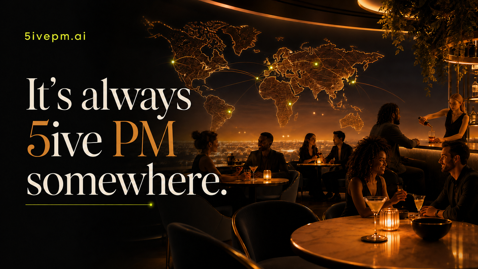 Friends gathering at 5ivepm tables and a staffed global bar
